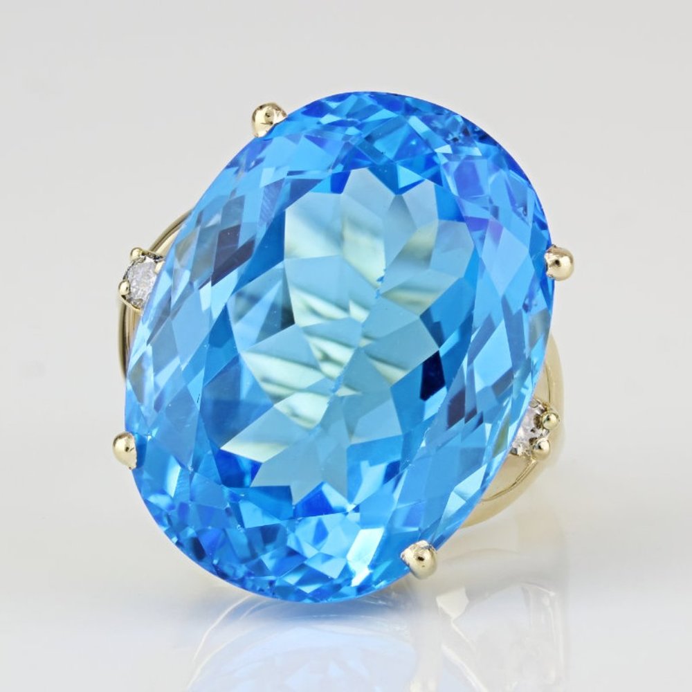 14k Yellow Gold Oval Swiss Blue Topaz & Diamond Cocktail / Statement Ring